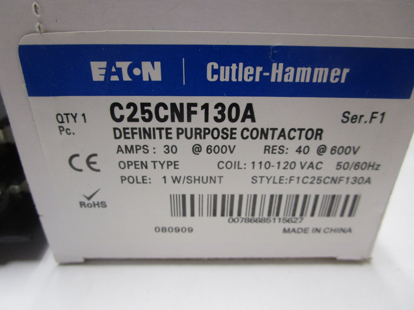 CUTLER HAMMER C25CNF130A DEFINITE PURPOSE CONTACTOR 30A 600V COIL 110-120 NIB